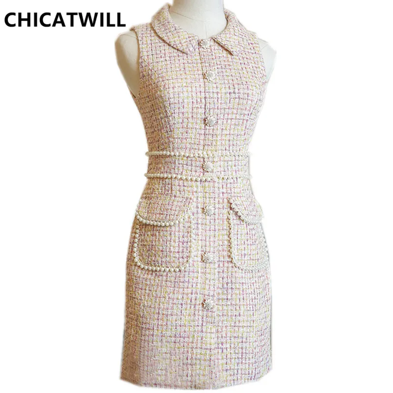Color as picture CHICATWILL, новинка, элегантное женское платье для офиса, розовое твидовое платье, украшенное жемчугом, пуговицы, французский стиль, женские платья для работы - Цвет: Color as picture