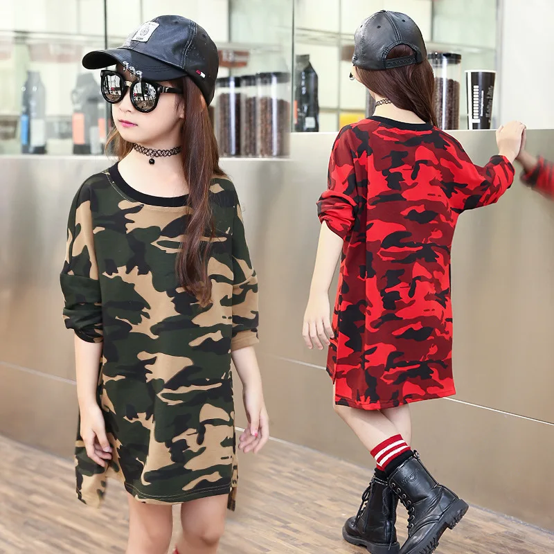 Vestidos платья для девочек футболки из хлопка с длинным рукавом камуфляжное платье