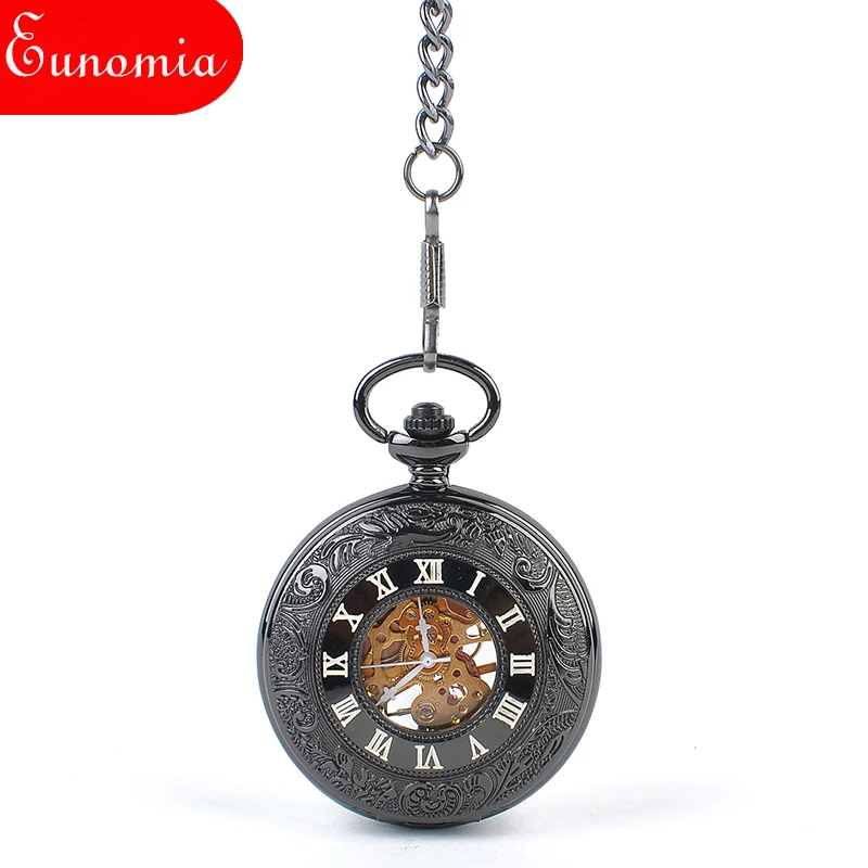 Черный виноград полые Скелет стимпанк Механическая Рука обмотки карманные часы