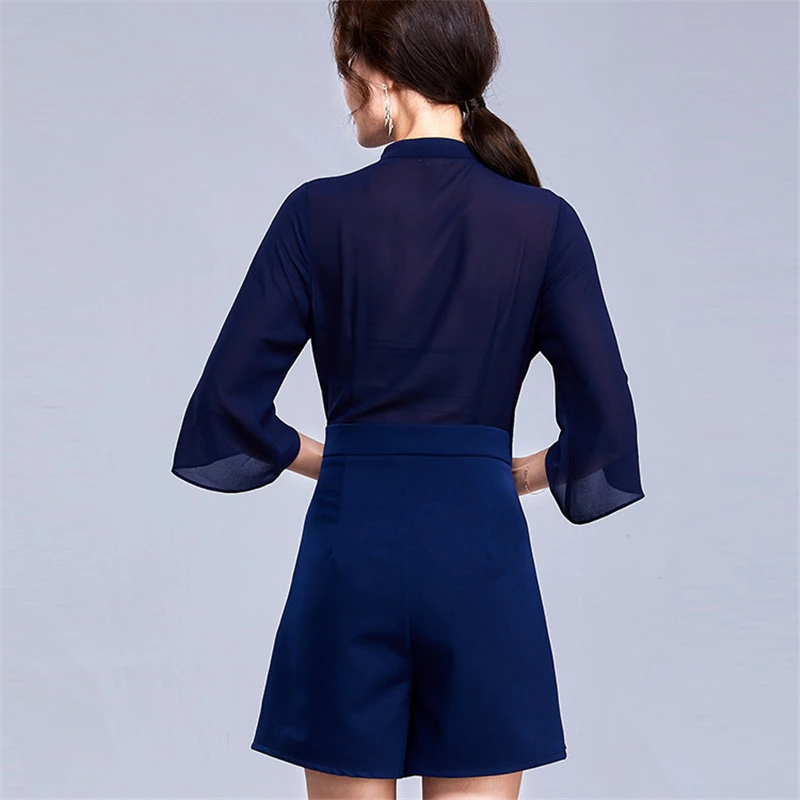 

New Spring Summer small Suit stitching Solid color single-breasted jumpsuit Women Summer seven-point sleeve Suit fake two W009