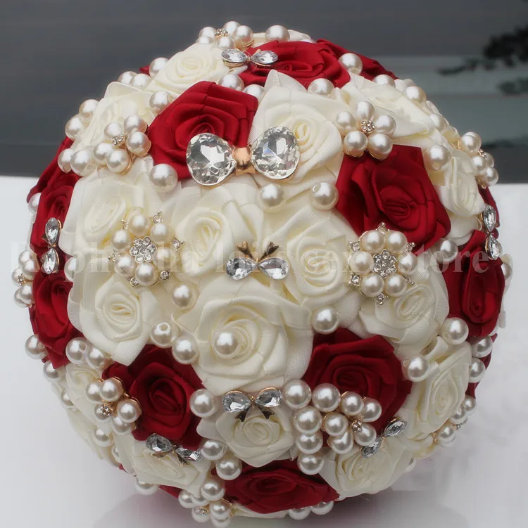 wine red ivory Подгонянные цвета слоновой кости вина красный Шелковый цветок Свадебный букет свадебные букеты элегантные жемчужные невесты Искусственные розы W128-3 - Цвет: wine red ivory