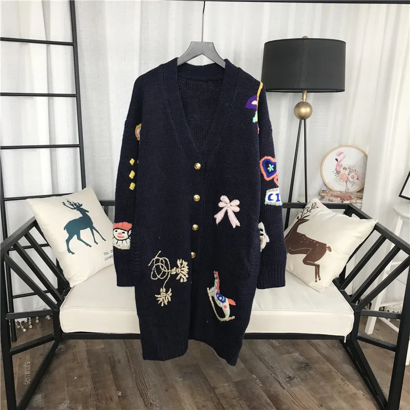 GRUIICEEN embroidery long cardigan jacket oversized V-neck casual knitting sweater coat GY2018359 |