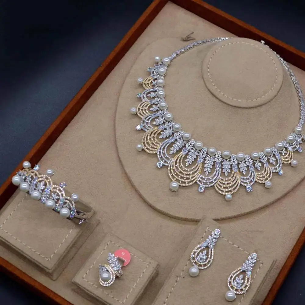 

MECHOSEN Elegant Multi-layer Imitation Pearl Jewelry Set Shiny Cubic Zircon Copper Wedding Bangle Earring Ring Women's Gifts Set