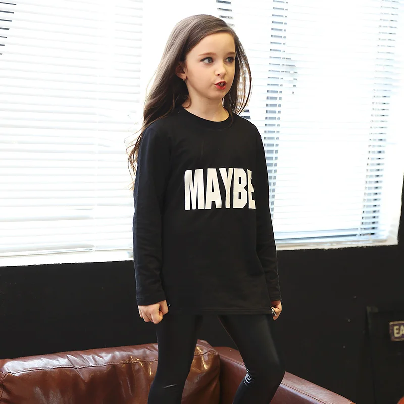 100% Хлопок Толстовка Девушка Письмо Черно Белой Печати Девушки Футболка Дети