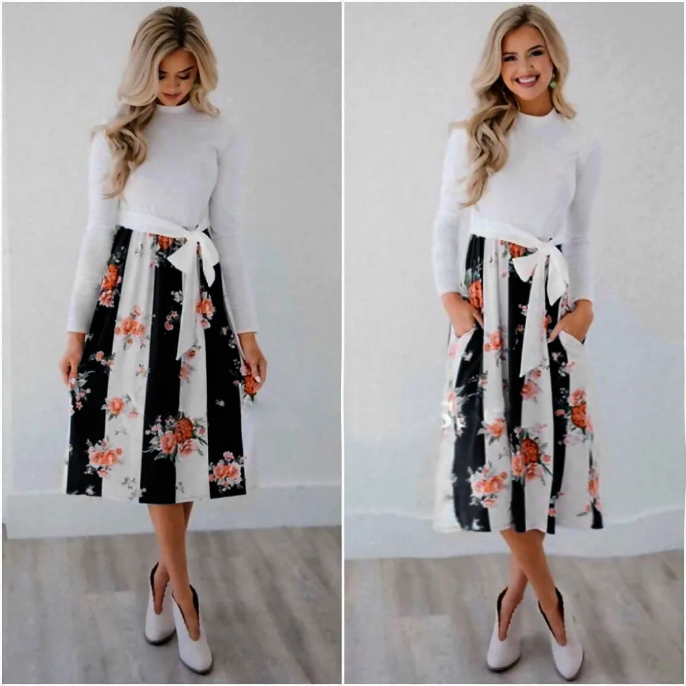 Flowers Print O-Neck Casual Dress Elegant Party Lady Dresses Vestidos Long Sleeve Maxi Pockets Bandage pockets | Женская одежда
