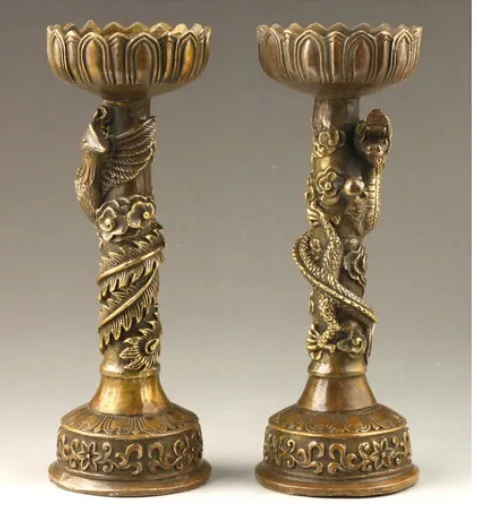 YM 309 Chinese Handmade Fine Dragon And Phoenix Bronze Candlestick Pair Statue StatUE | Дом и сад