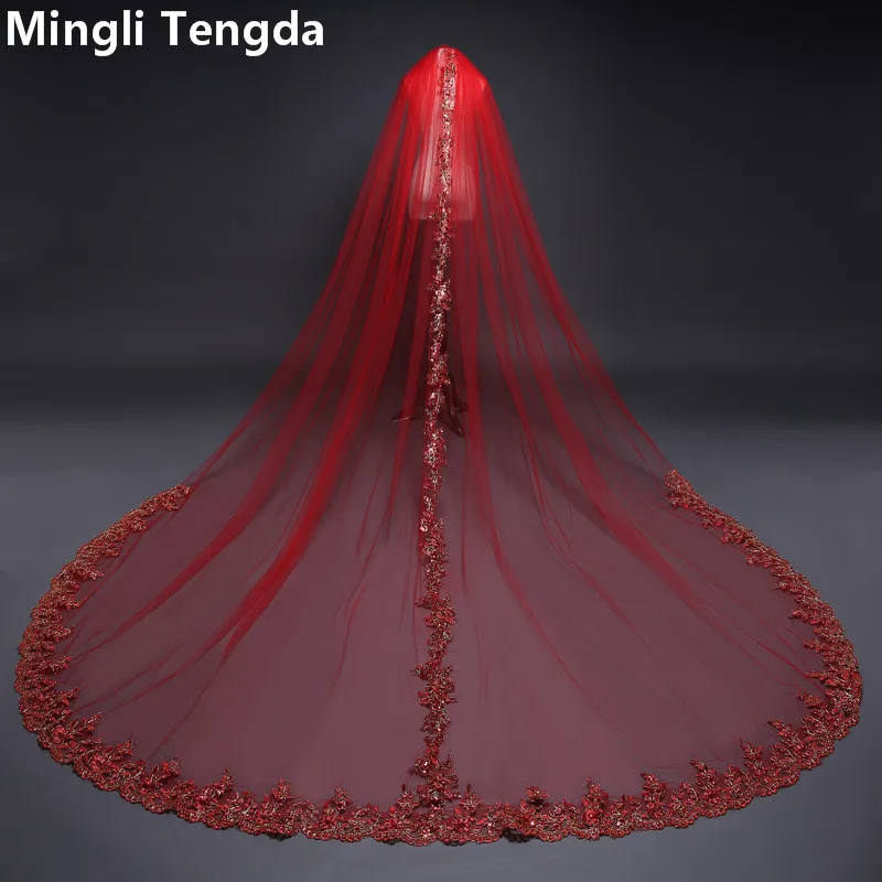 Красная кружевная фата с блестками для собора свадебная длиной 3 м металлической