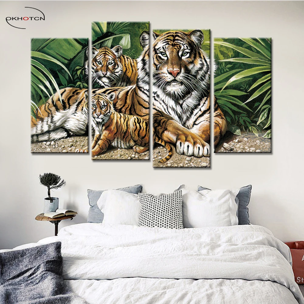 Tiger Baby And Mother Animal Painting Unframed Print Poster Canvas Wall Art Room Decor 4 Pieces/Set Modern Printing | Дом и сад