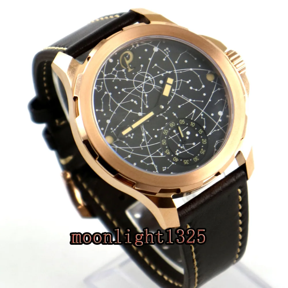 

2017 new 44mm mens parnis constellation rose golden plated Case Leather Sapphire glass Luminous 6498 hand Winding uhr Watch