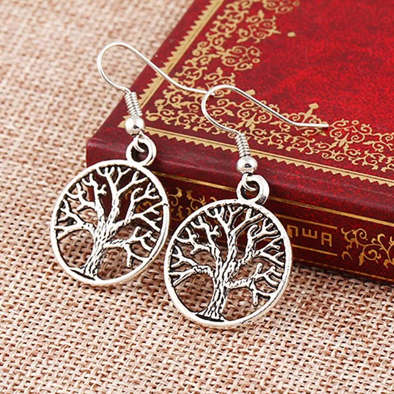 Античные с серебристым покрытием Дерево жизни Висячие серьги для женщин полые