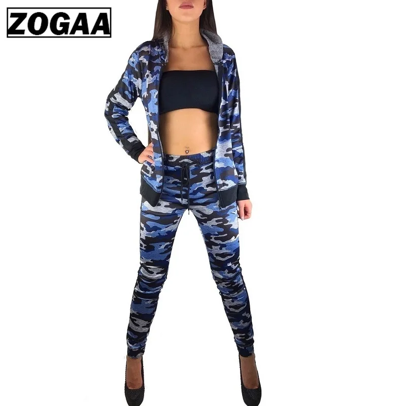 ZOGAA 2 шт. Женский комплект Камуфляжный тренировочный костюм Фитнес Брюки куртка