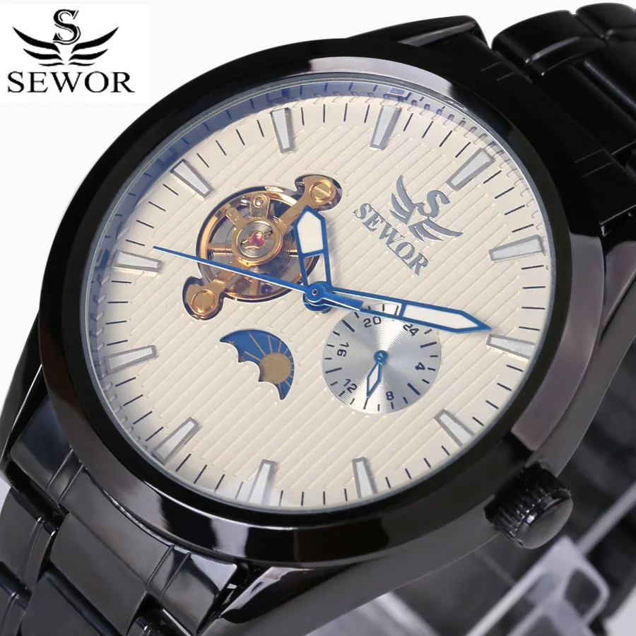 Sewor2018 top brand 24 hours automatic mens watches black steel multifunction tourbillon mechanical watch luxury reloj hombre | Наручные