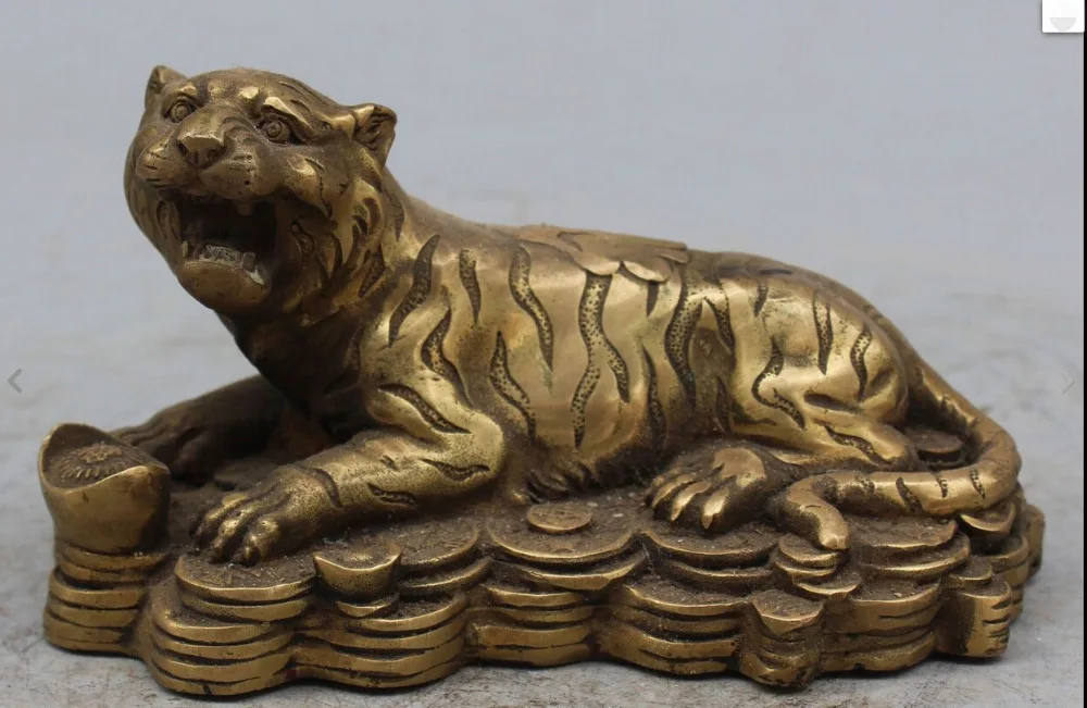 

song voge gem S0010 7" Chinese Bronze Brass Wealth Money YuanBao Zodiac Year Animal Tiger Statue