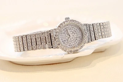 silver Полный Стразы класса люкс Для женщин кварцевые часы-браслет маленький круглый циферблат Нержавеющая сталь женские часы Relojes Mujer - Цвет: silver