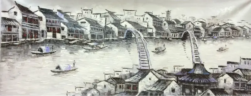 

HandPainted White and Black China Suzhou Water Village Landscape Oil Canvas Painting Abstract Wall art Picture for Home Decor