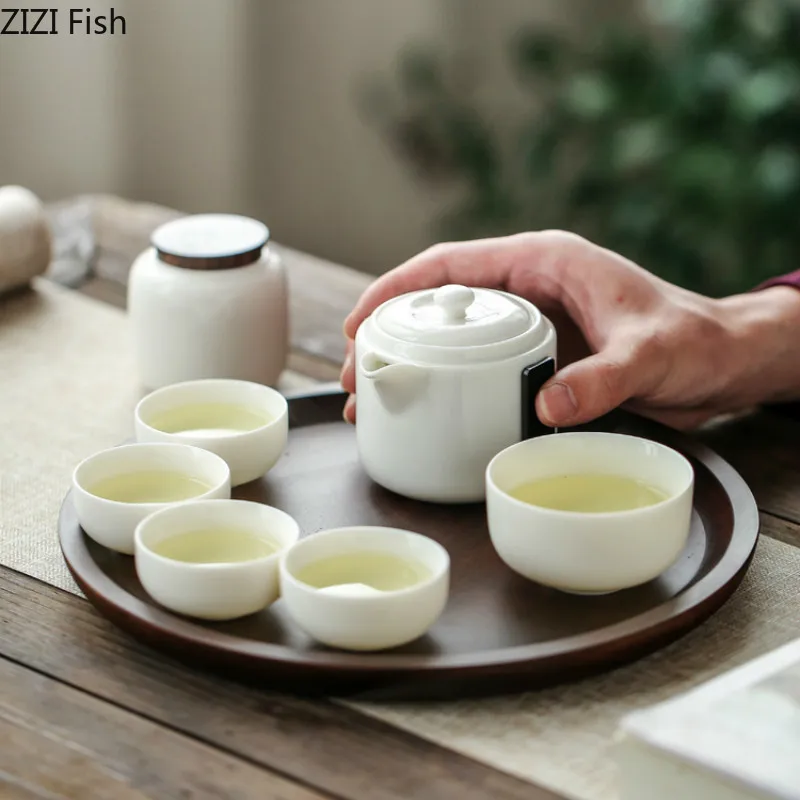Minimalist White Ceramic Kung Fu Tea Set Suit A Pot of Two Cups Chinese Style Portable Car Travel Tea Set Suit