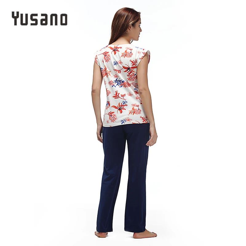 Yusano Cotton Pajamas Women Floral O neck Sleepwear for Girl Sleeveless Top & Long Pants Soft Pijama Feminino Inverno 2017|cotton pajamas|cotton