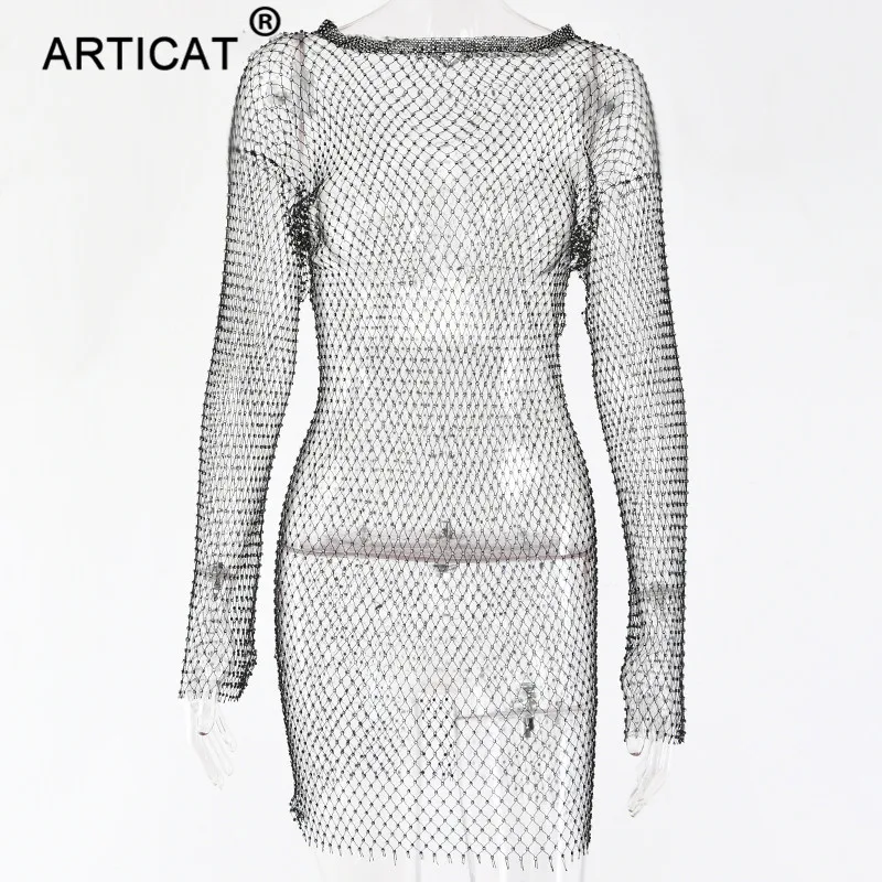 Пляжное платье со стразами Articat, Черное/белое прозрачное платье в сетку с длинным рукавом, короткое платье с перфорацией для