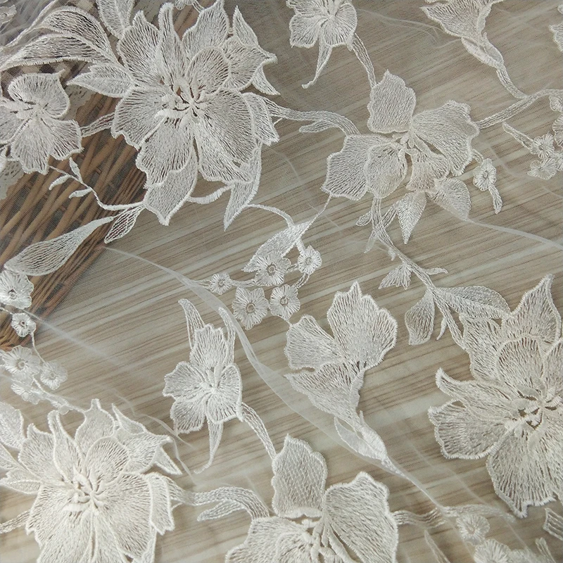 

Peony Embroidery Lace Fabric Wedding Dress Bridal Gown White African French Tulle Lace Materials Clothes Accessories By the yard
