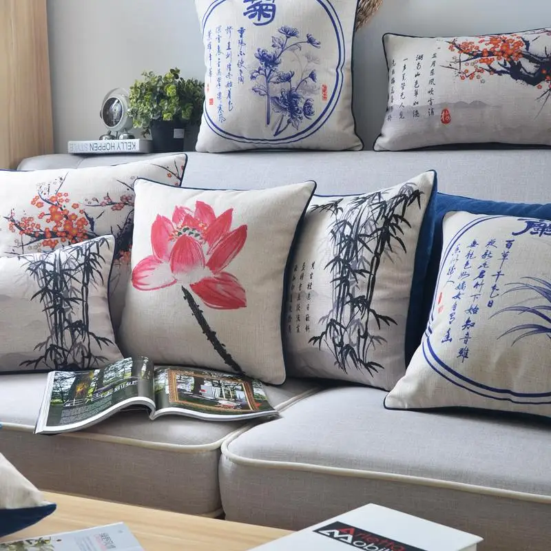 Китайские подушки с цветком сливы хризантемой искусственная льняная наволочка