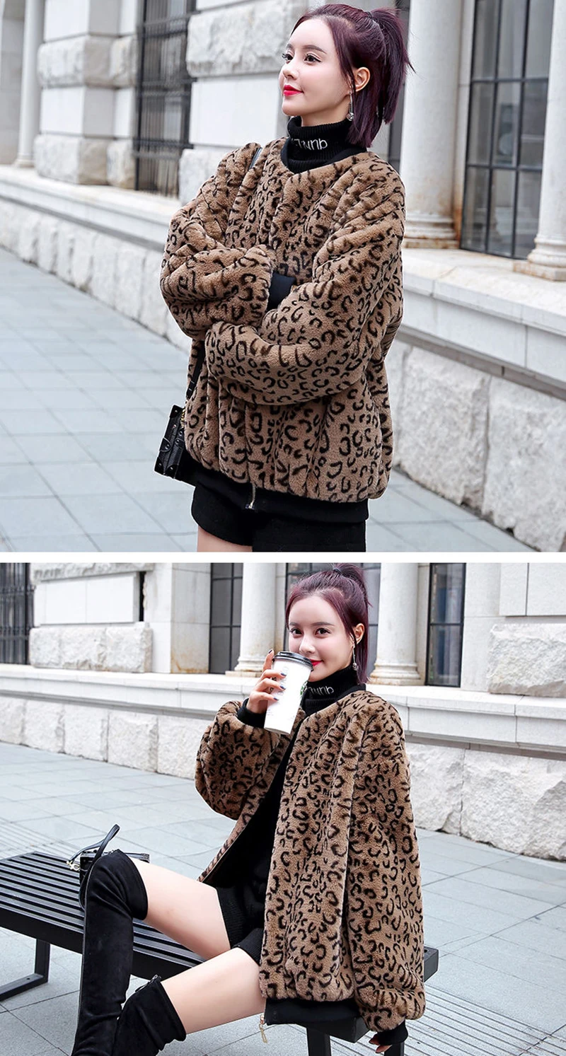 Vangull New Winter Fur Coat Women Leopard Faux Fur Jacket Plus Velvet Thick O-Neck Long Sleeve Warm Fur Jackets Coats New