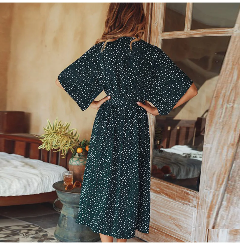 Lossky Dress Женщины Горошек с принтом Bow-kot лето V-образным вырезом с длинным рукавом Платье-миди Повседневная длинное красное платье без рукавов с высокой талией