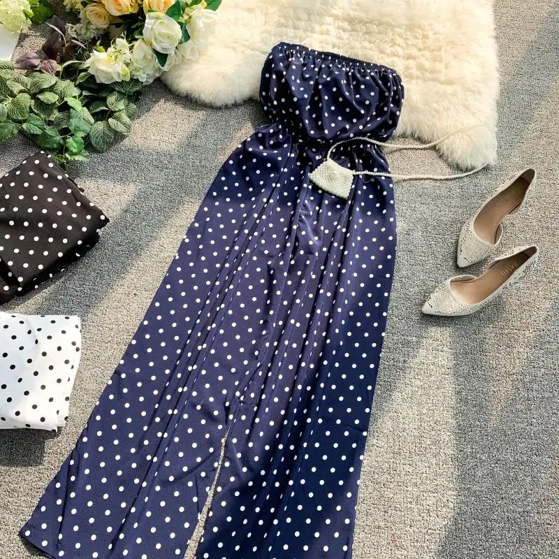 Женский пляжный комбинезон ALPHALMODA без бретелек в горошек с широкими штанинами