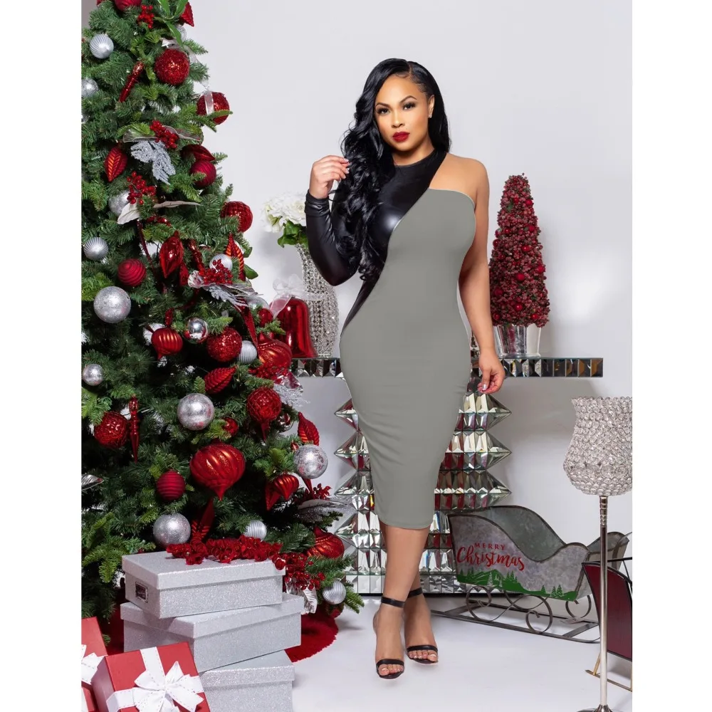 AHVIT PU Patchwork Sexy Party Dress O Neck One Shoulder Long Sleeve Sheath Spring Elegant Women Bodycon WY6532 | Женская одежда