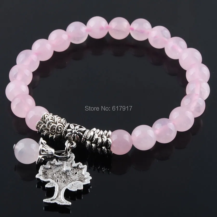

Natural Rose Quartzs Gem Stone 8mm Beads Women Bracelet Healing Reiki Tree Of Life Charm Meditation Bracelet Jewelry 7" TK3219