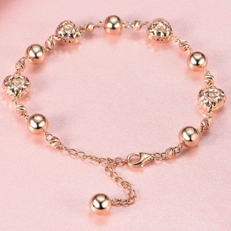 

New Arrival AU750 Rose Gold Bracelet Women Heart Beads Bracelet 5.80g