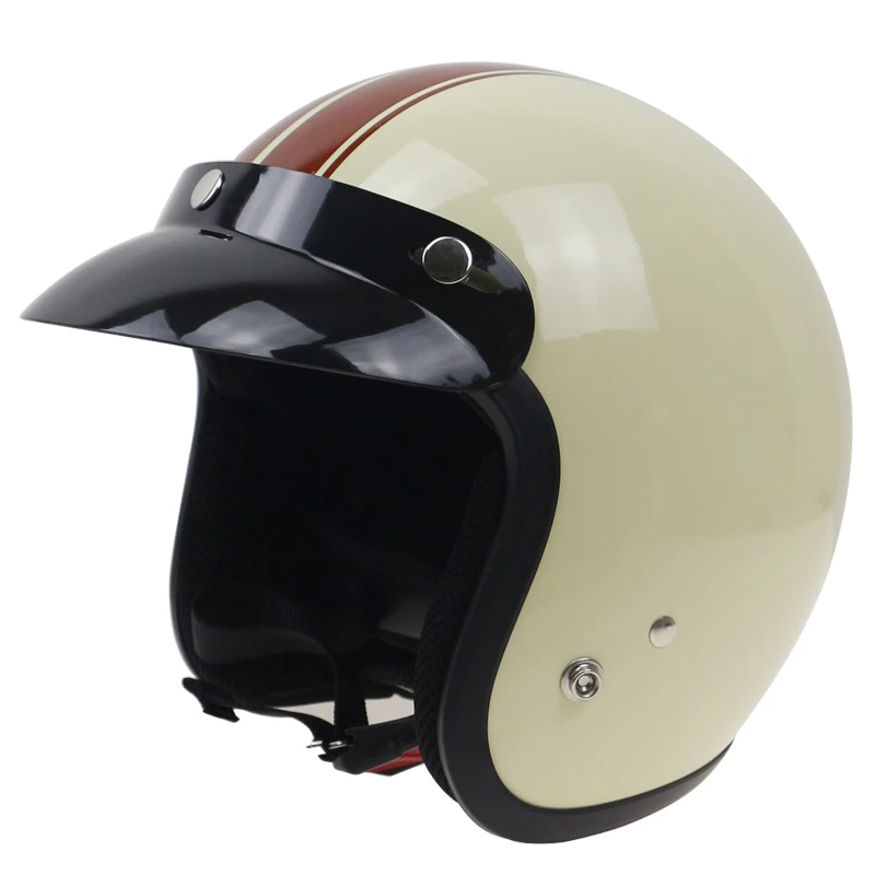 

White with Bron strips Japanese Style 3/4 Motorbike helmet JIS DOT approved casco quick release buckle