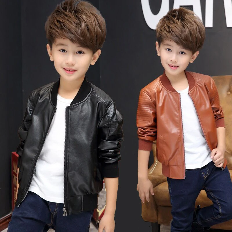 

5-16y 2019 Hot Autumn Winter Baby Boys Kids Thin Section Jackets Children Solid Full PU Faux Leather Coats Outerwear Clothing