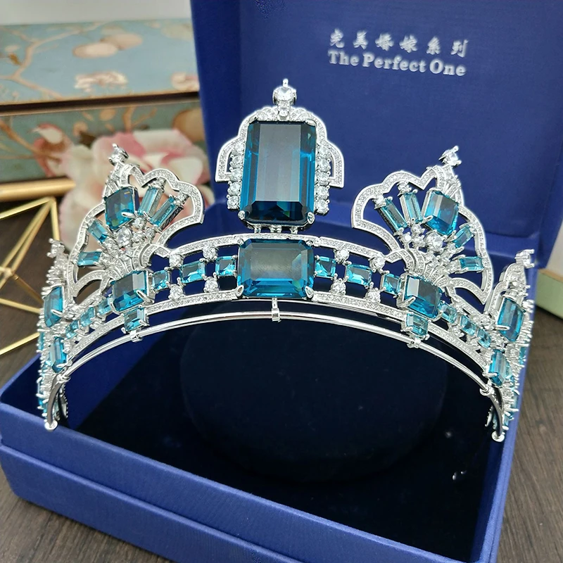 Винтажная Корона из фианита HIMSTORY с большим квадратным покрытием диадема голубым