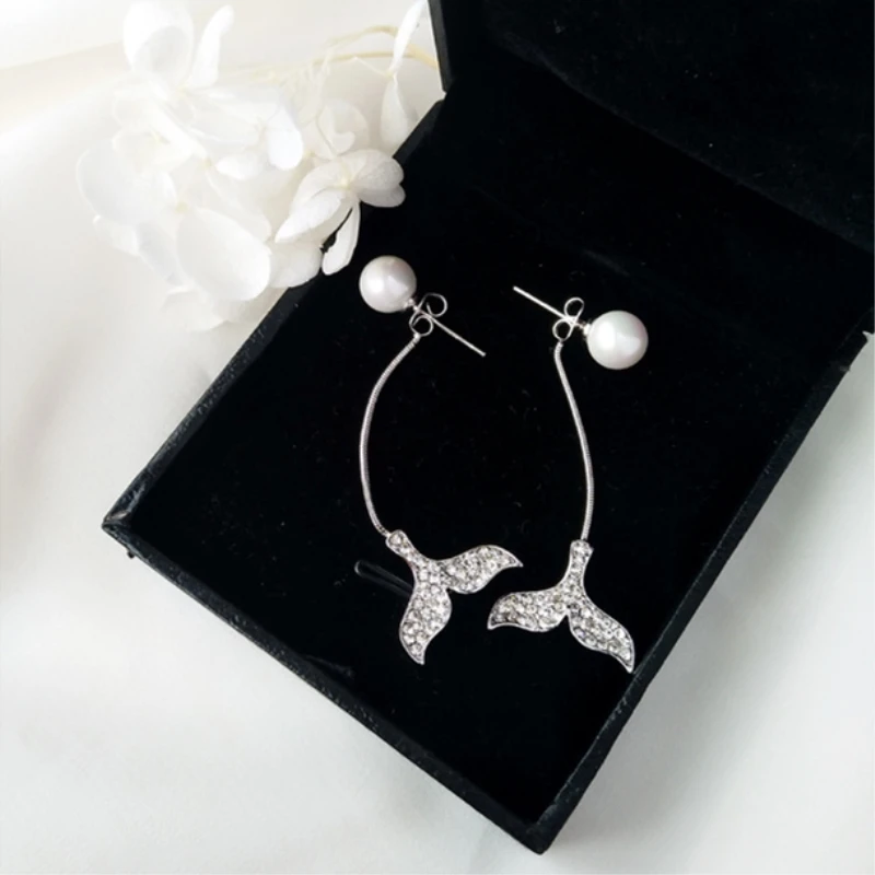 Whale Fishtail Pearl 925 Sterling Silver Temperament Micro-inlay Personality Fashion Female Dangle Earrings SEA306 | Украшения и