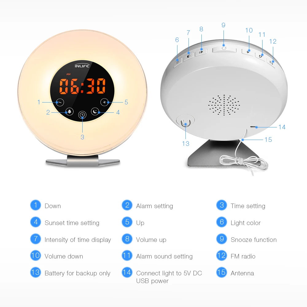 Светильник-будильник Inlife Wake-Up с fm-радио, отображение времени, Сенсорный режим, светодиодный индикатор времени, функция повтора, Ночной светильник, цвет RGB
