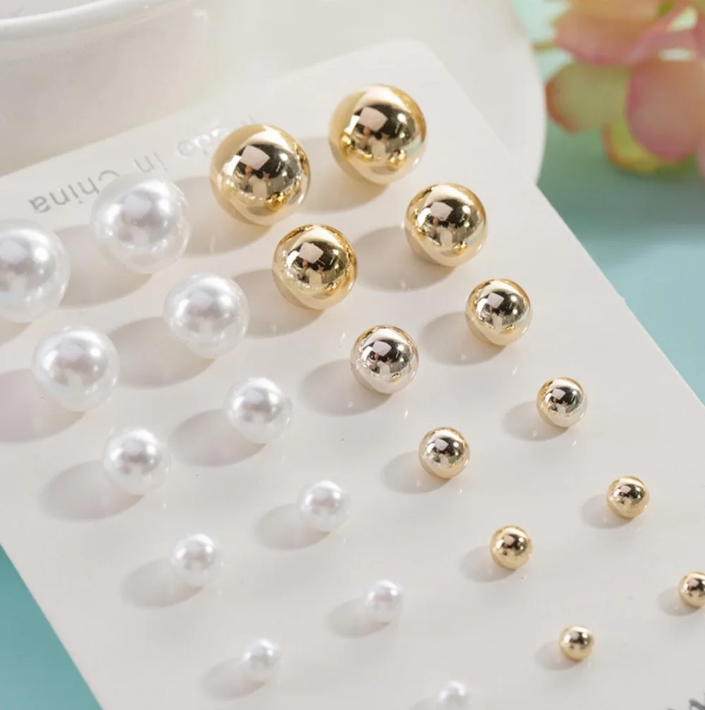 cheap 2021 Hot Fashion 12 pair/set Women Square Crystal Heart Stud Earrings for Piercing Simulated Pearl Flower |