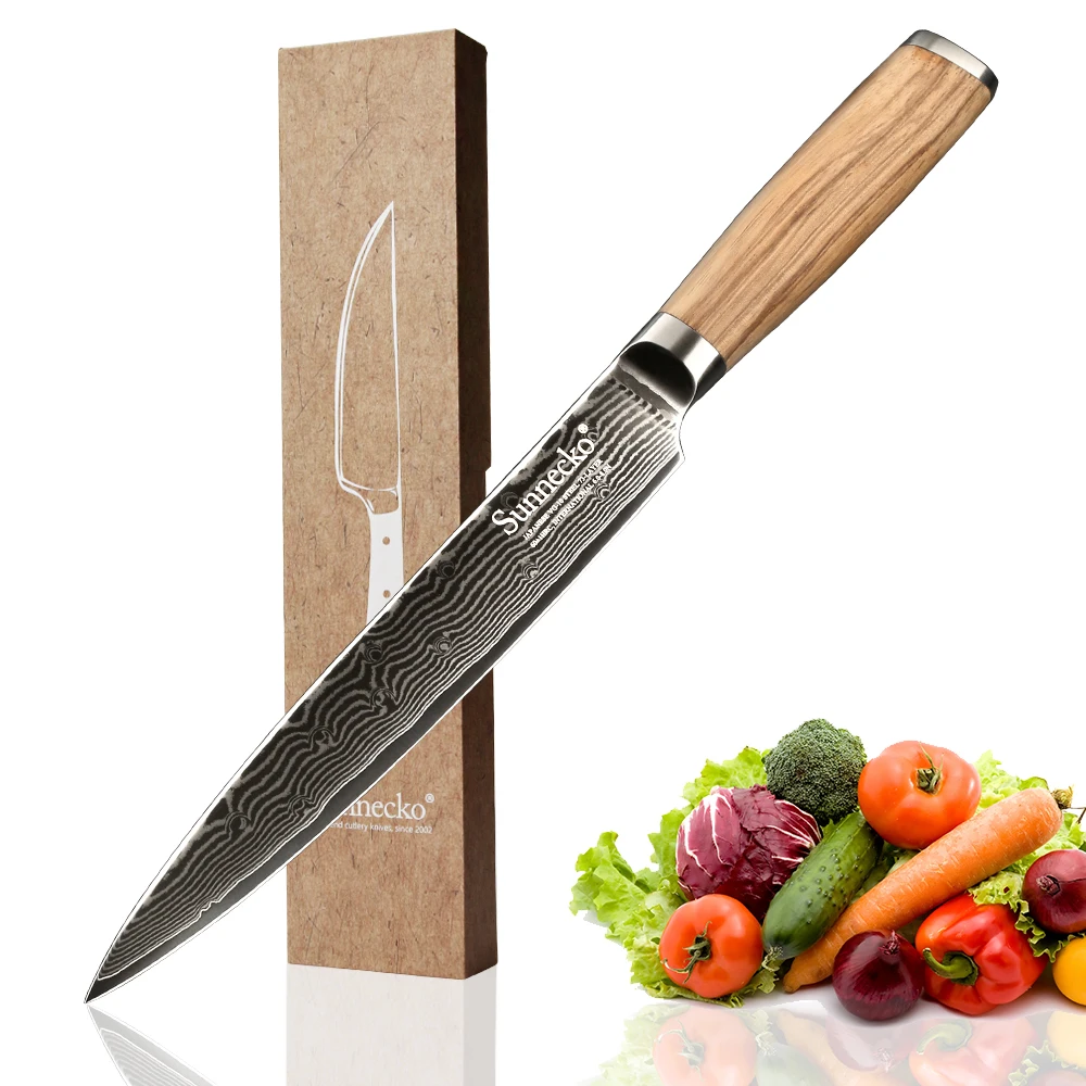 

SUNNECKO 8" Slicing Knife Damascus Steel Cutter Knives Japanese VG10 Razor Sharp Blade Original Wood Handle Chef Kitchen Knives