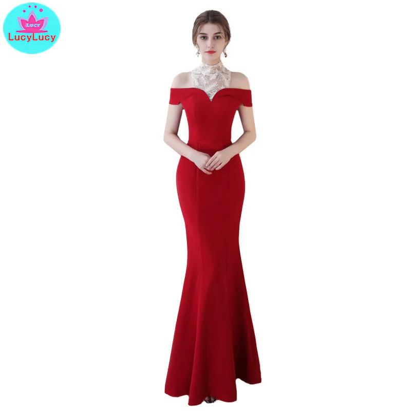 

2019 new lace word shoulder long fishtail party dress Tank Floor-Length Zippers Sheath