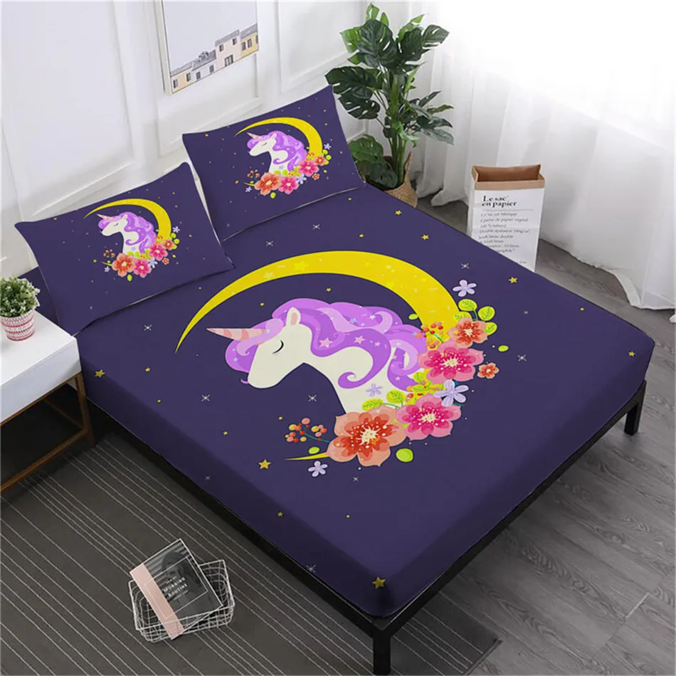 

Cartoon Unicorn Sheet Set Colorful Floral Fitted Sheet King Queen Bed Linens Girls Bedding Flat Sheet Pillowcase Home Decor