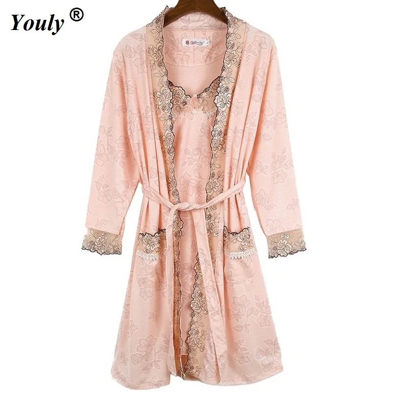 Woman Cotton Lace Robes Sets 2022 Embroidered Floral Sexy Female Bathrobes Gowns Nightgowns Home Sleepwear 2 pieces Set