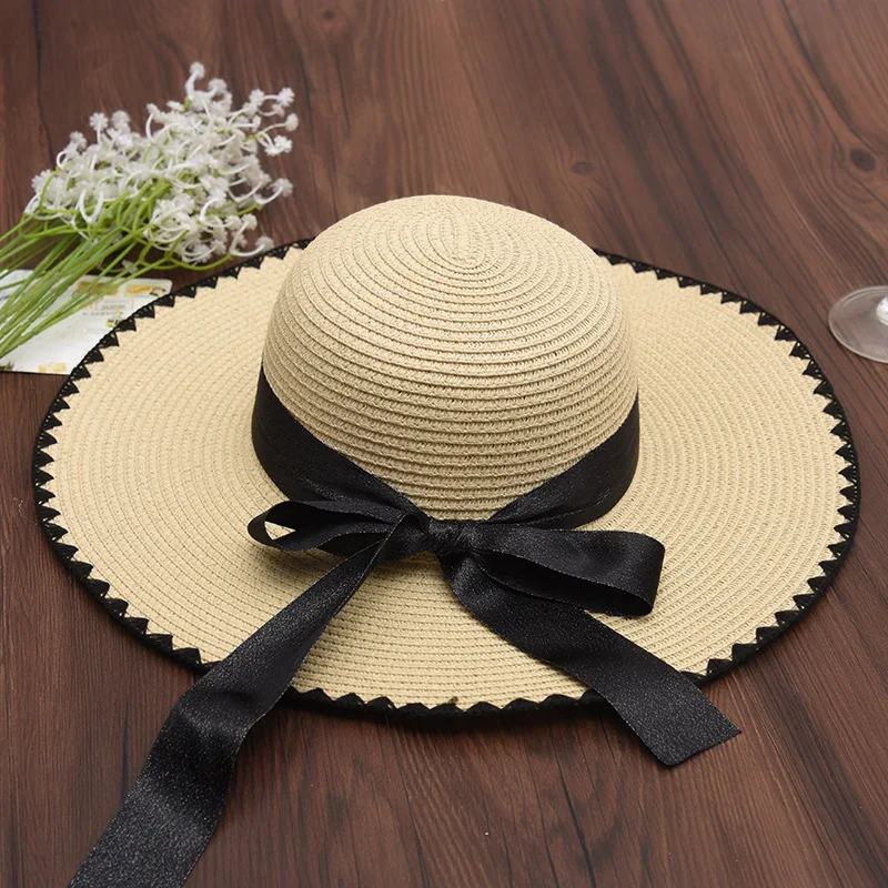 2018 Women Summer Sun Hats Ladies Black Embroidery Wide Brim Straw Outdoor Beach Lace-up Bow Panama Bone Feminino | Аксессуары для