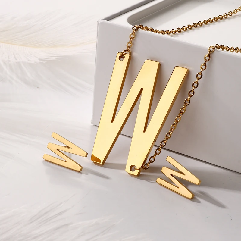 

T-Z Letter Fashion Pendant Necklace Earring Jewelry Set Stainless Steel Gold Color Wedding Necklace Parure Bijoux Femme