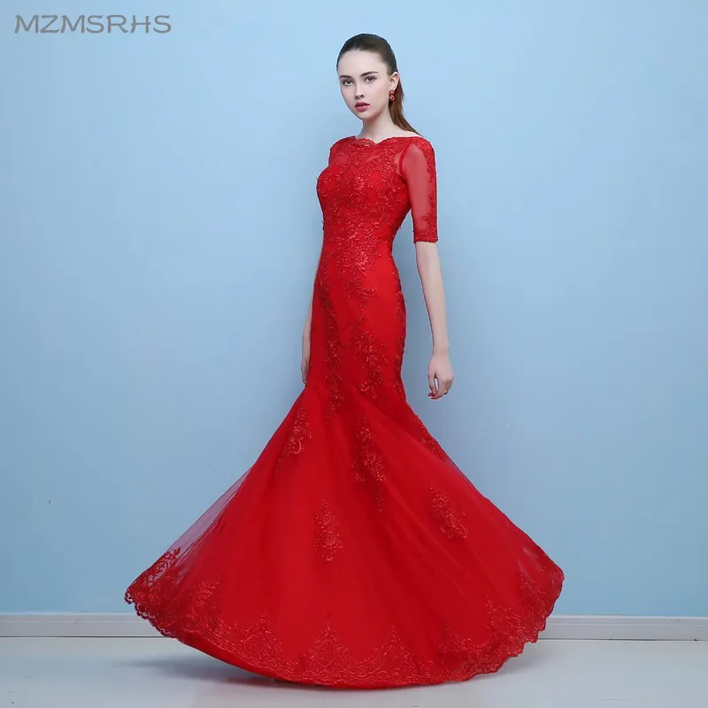 Женское вечернее платье русалка красное кружевное с рукавом до локтя модель 2017|red