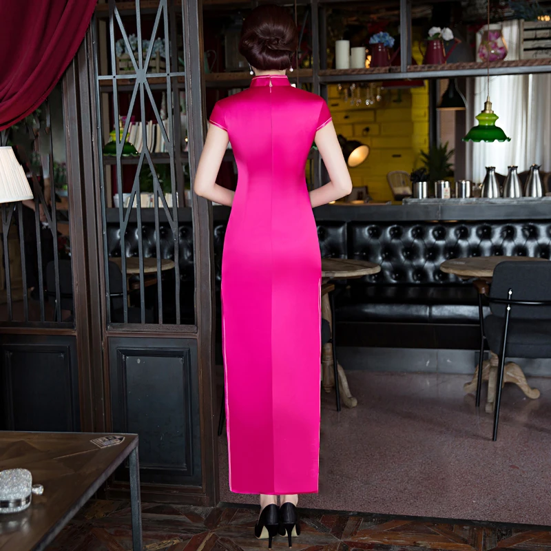 

S-4XL Hot Pink Womens Long Cheongsam Spring Chinese style Mandarin Collar Short Sleeve Qipao Female Slim Party Dress Vestido