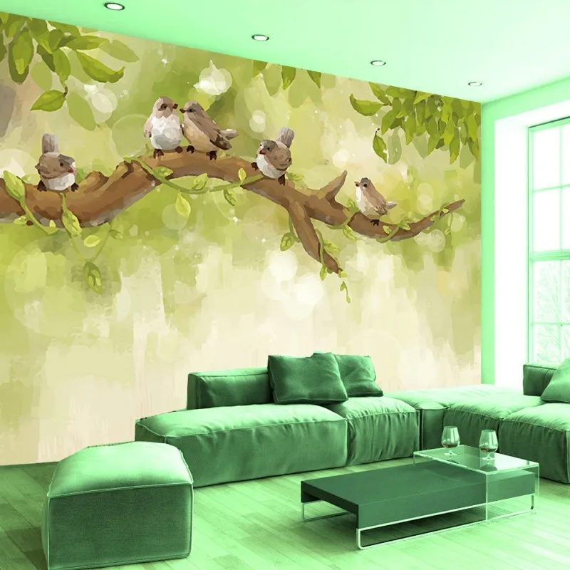 Фото обои ручная роспись Скандинавское дерево Ветка Птица на заказ Гостиная ТВ