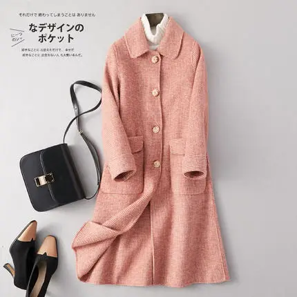 B Pink 4 button Осень г. Новое высококачественное двустороннее шерстяное пальто Женская Длинная шерстяная куртка модное красное свободное клетчатое шерстяное пальто, верхняя одежда - Цвет: B Pink 4 button