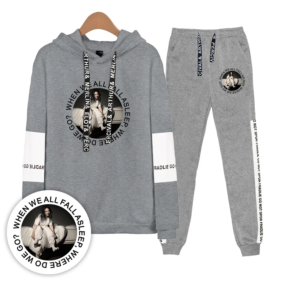 Женские наборы Billie Eilish с принтом, длинный рукав, толстовка с капюшоном+ штаны, комплект из 2 предметов, спортивные костюмы, костюм из двух предметов, спортивная одежда