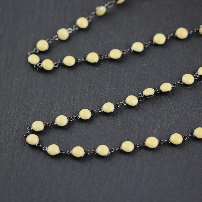 6mm Light Yellow Lampwork Glass Flat Round Coin Beads Gun Black Plated Rosary Links Chain Necklace Jewelry | Украшения и