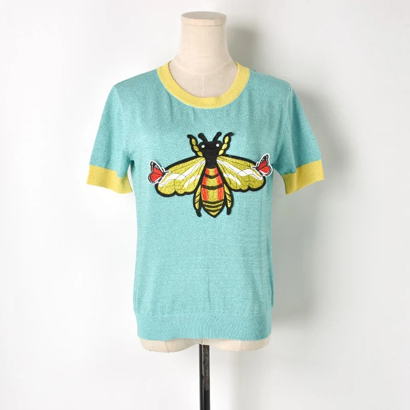 Новинка 2019 летняя Блестящая футболка с вышитой бабочкой и Пчелой милый женский