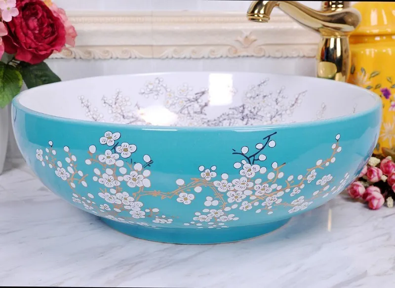 

China Painting Plum Blossom Ceramic wash basin countertop small bathroom sink